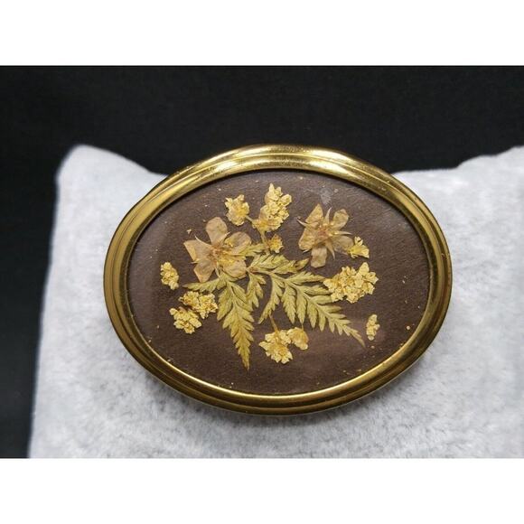 Vintage Pressed Flowers Brooch Read Flowers Plastic Cover Brown Background 1960s - Picture 7 of 7